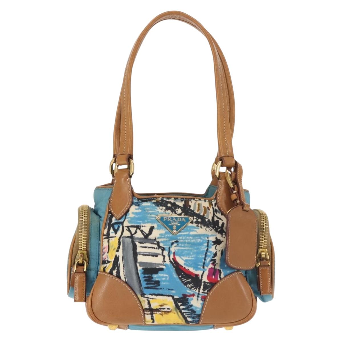 PRADA Venice Hand Bag Nylon Light Blue Gold Auth 145925