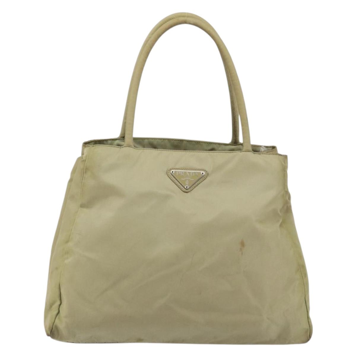 PRADA Tote Bag Nylon Beige Silver Auth 145938