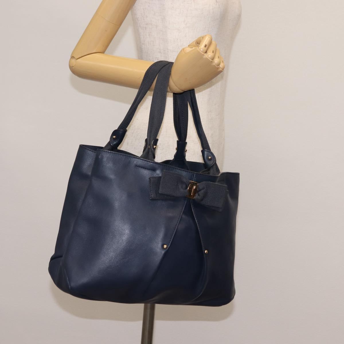 Salvatore Ferragamo Vala Tote Bag Leather Navy Gold Auth 145957