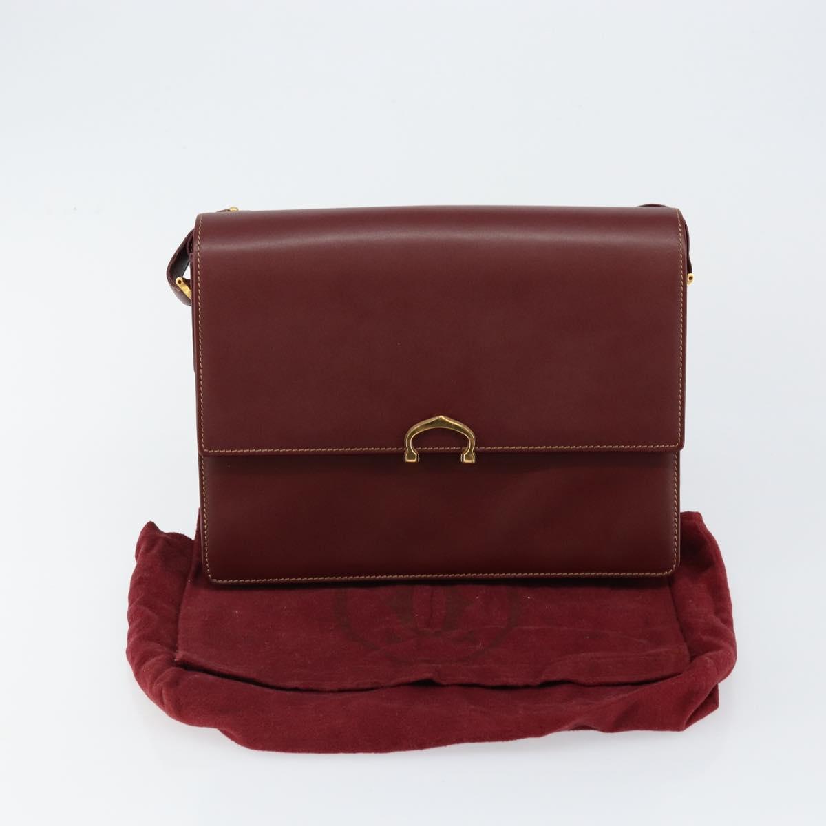 CARTIER Shoulder Bag Leather Bordeaux Gold Auth 145960