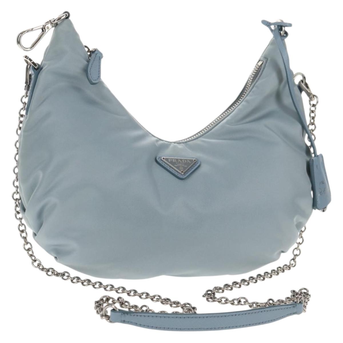 PRADA Chain Shoulder Bag Nylon Light Blue Silver Auth 145974M