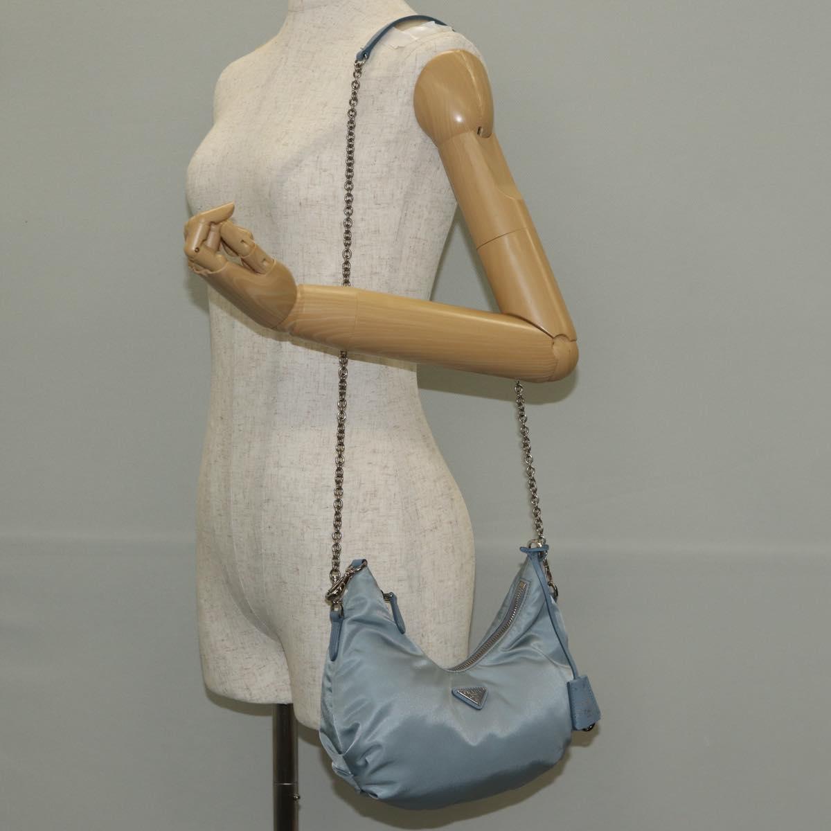 PRADA Chain Shoulder Bag Nylon Light Blue Silver Auth 145974M
