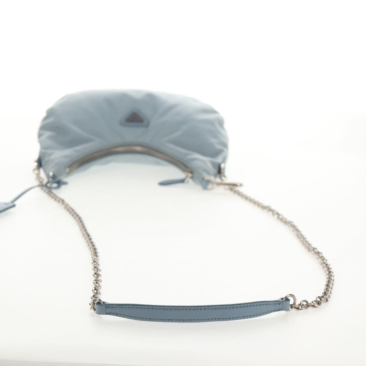 PRADA Chain Shoulder Bag Nylon Light Blue Silver Auth 145974M