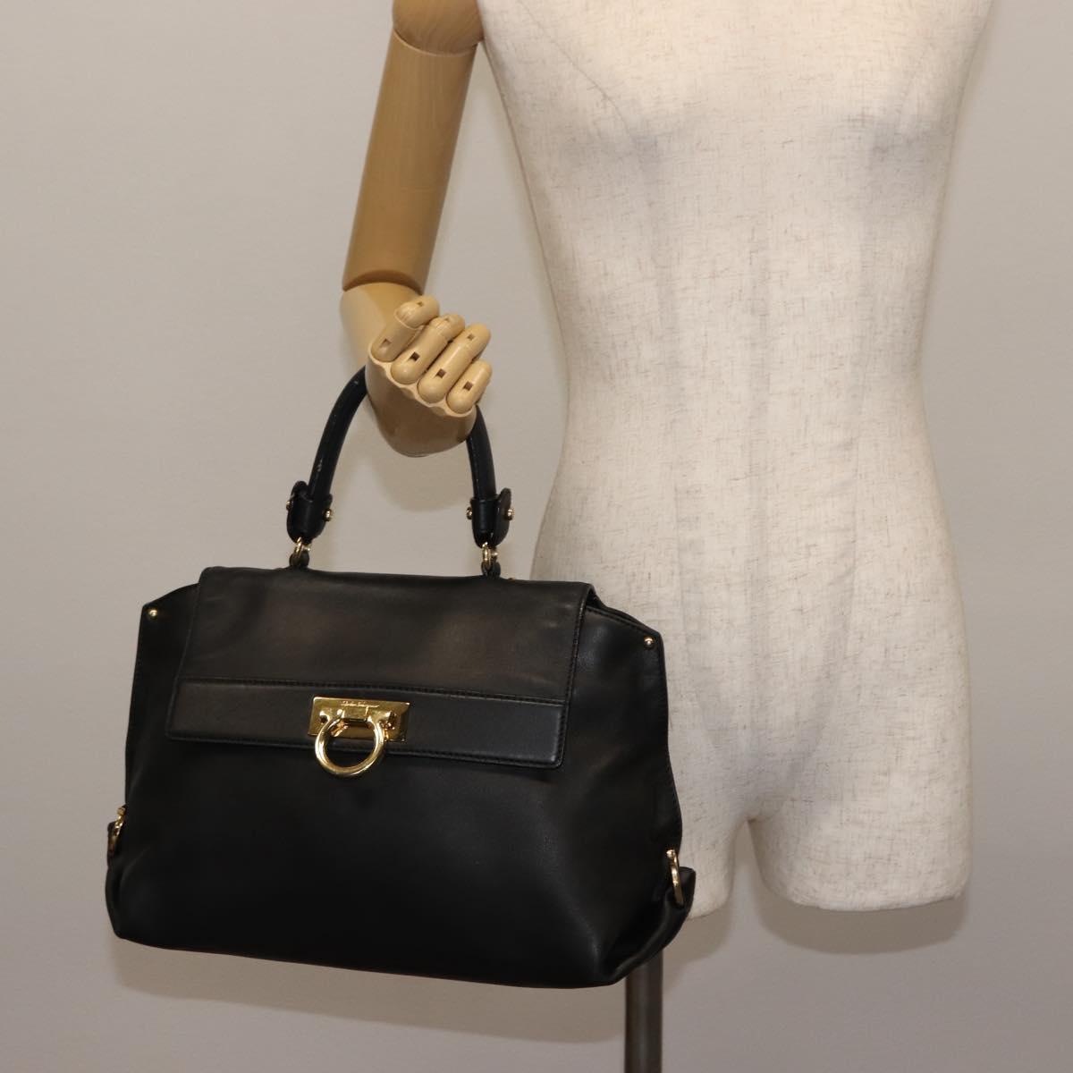 Salvatore Ferragamo Gancini Sofia Hand Bag Leather Black Gold Auth 145991
