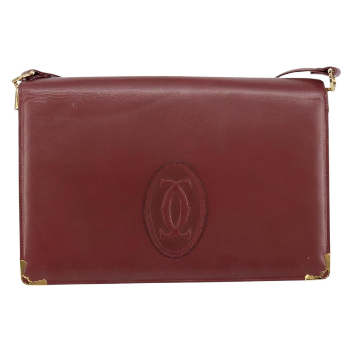 CARTIER Shoulder Bag Leather Bordeaux Gold Auth 145999