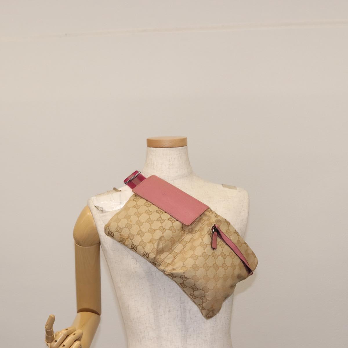 GUCCI GG Canvas Sherry Line Waist Bag Beige Pink Silver 28566 Auth 146009