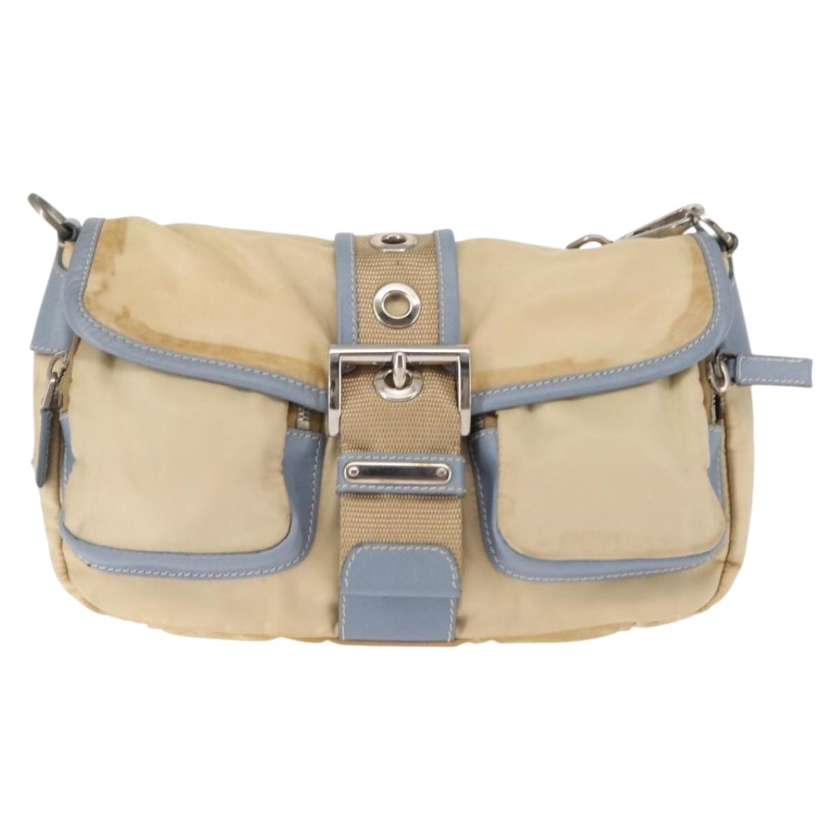 PRADA Shoulder Bag Nylon Beige Silver Auth 146015