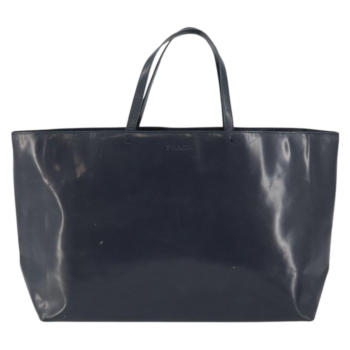 PRADA Tote Bag Enamel Navy Silver Auth 146022