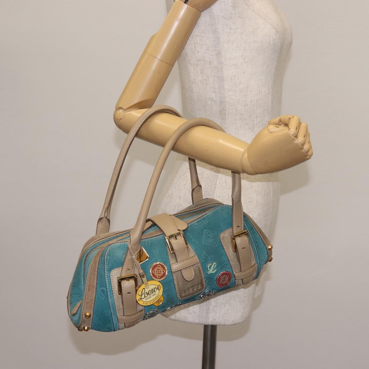 LOEWE 160th Anniversary Model Hand Bag Suede Turquoise Blue Gold Auth 146049
