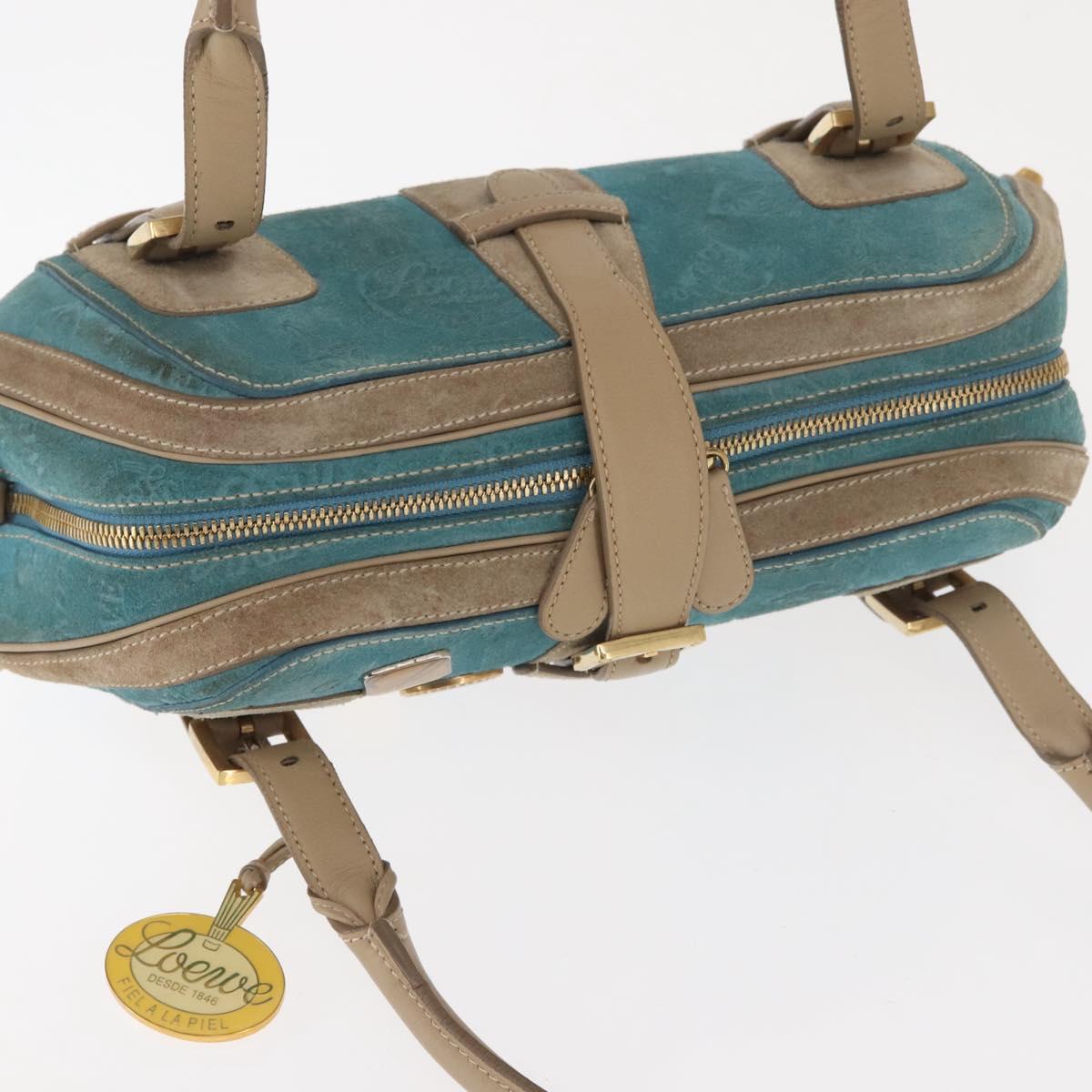 LOEWE 160th Anniversary Model Hand Bag Suede Turquoise Blue Gold Auth 146049