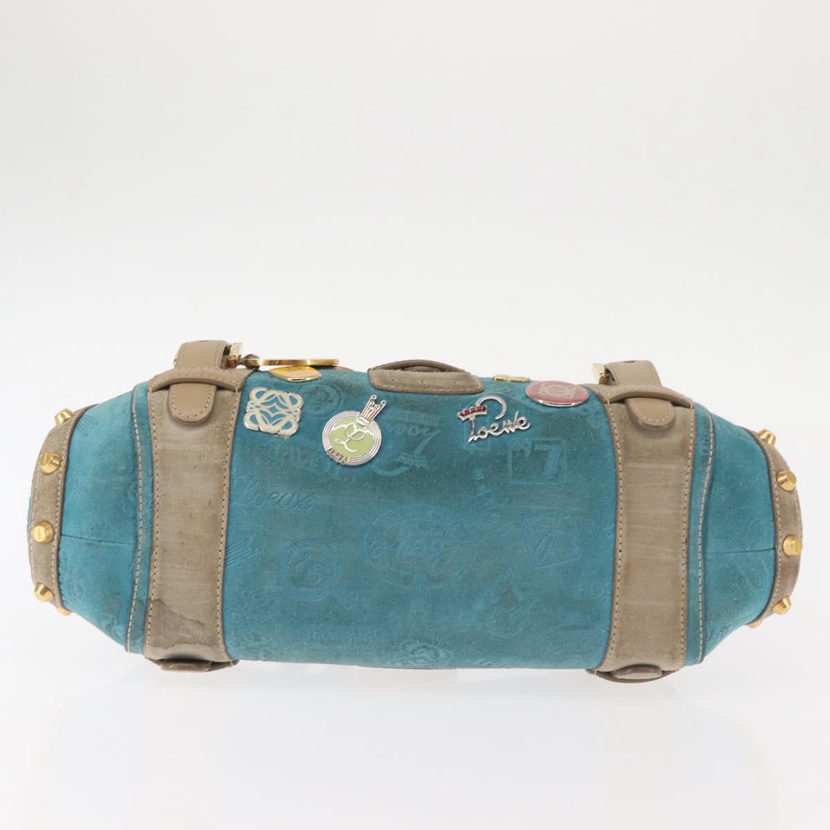 LOEWE 160th Anniversary Model Hand Bag Suede Turquoise Blue Gold Auth 146049