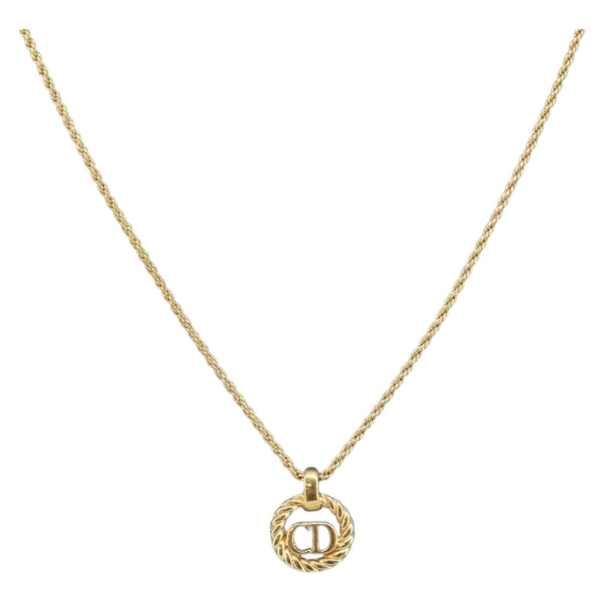 Christian Dior Rope Circle CD Logo Necklace metal Gold Tone Auth 146058