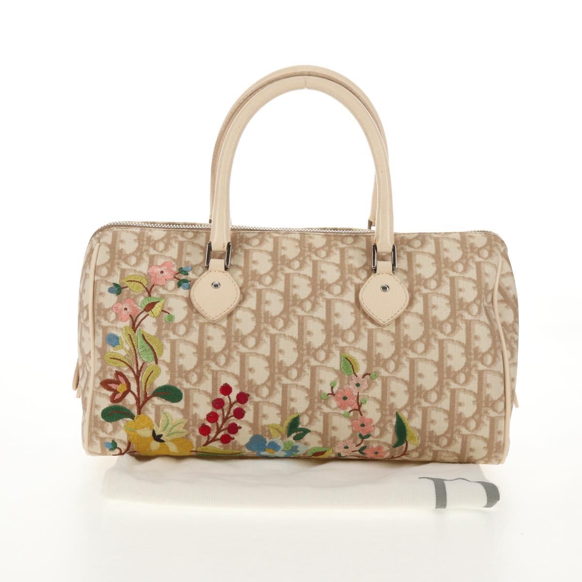 Christian Dior Trotter Canvas Romantic Hand Bag PVC Beige Silver Auth 146067V