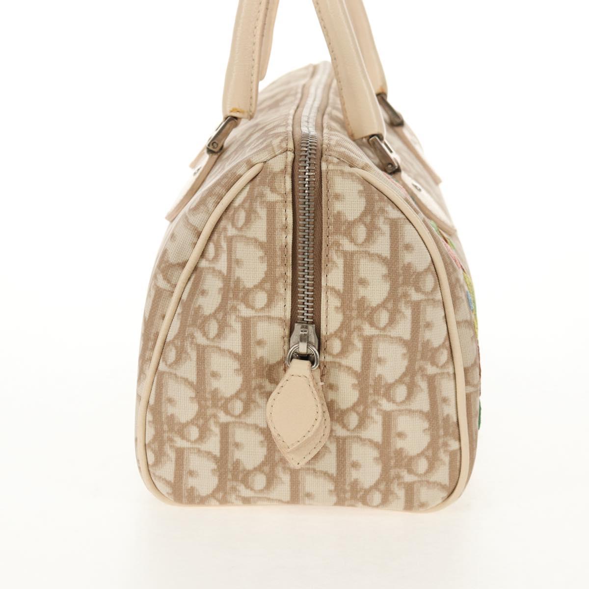 Christian Dior Trotter Canvas Romantic Hand Bag PVC Beige Silver Auth 146067V