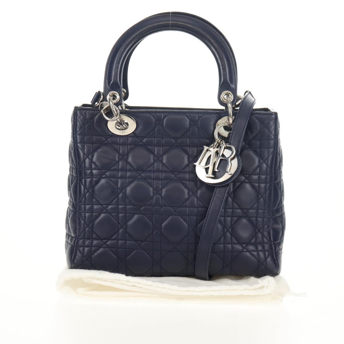 Christian Dior Lady Dior Canage Hand Bag Leather 2way Navy Silver Auth 146073M