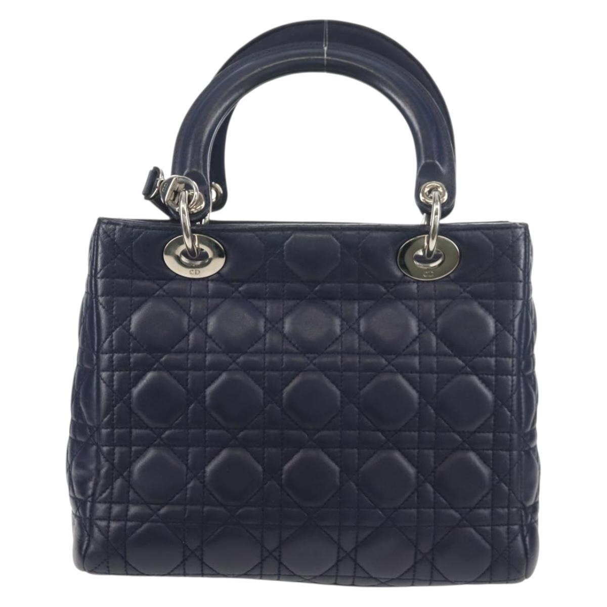 Christian Dior Lady Dior Canage Hand Bag Leather 2way Navy Silver Auth 146073M