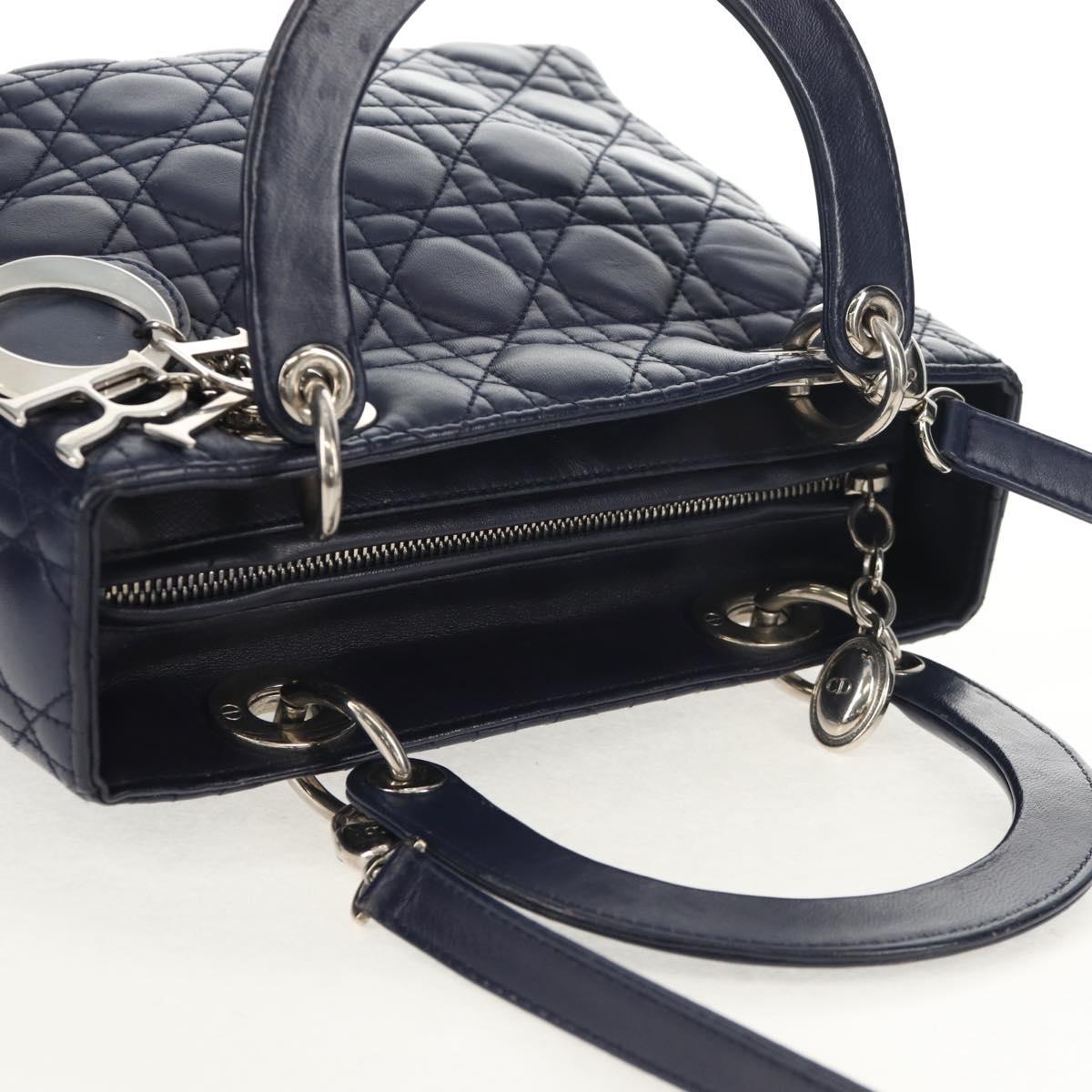 Christian Dior Lady Dior Canage Hand Bag Leather 2way Navy Silver Auth 146073M
