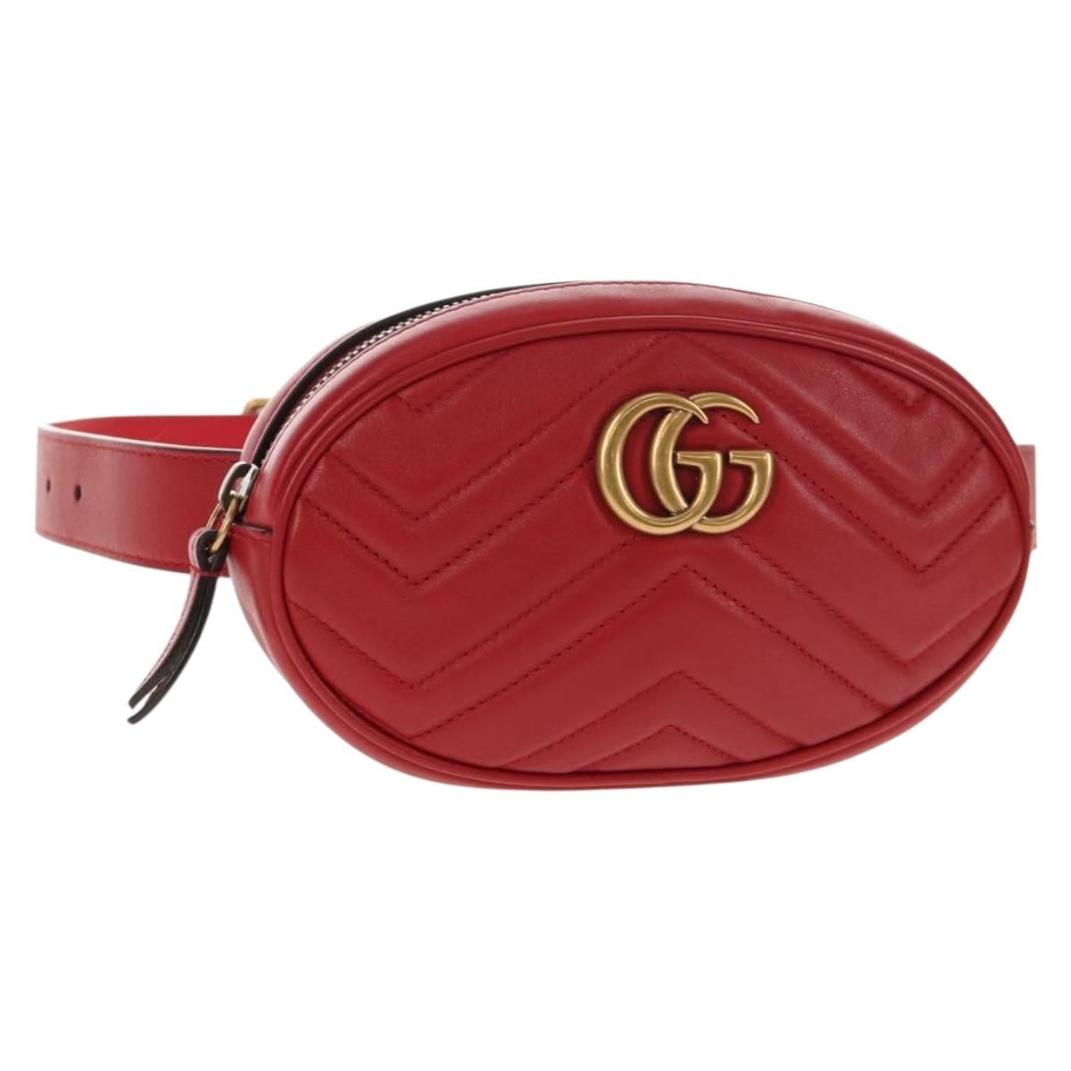GUCCI GG Marmont Waist Bag Leather Red Gold 476434 Auth 146076V
