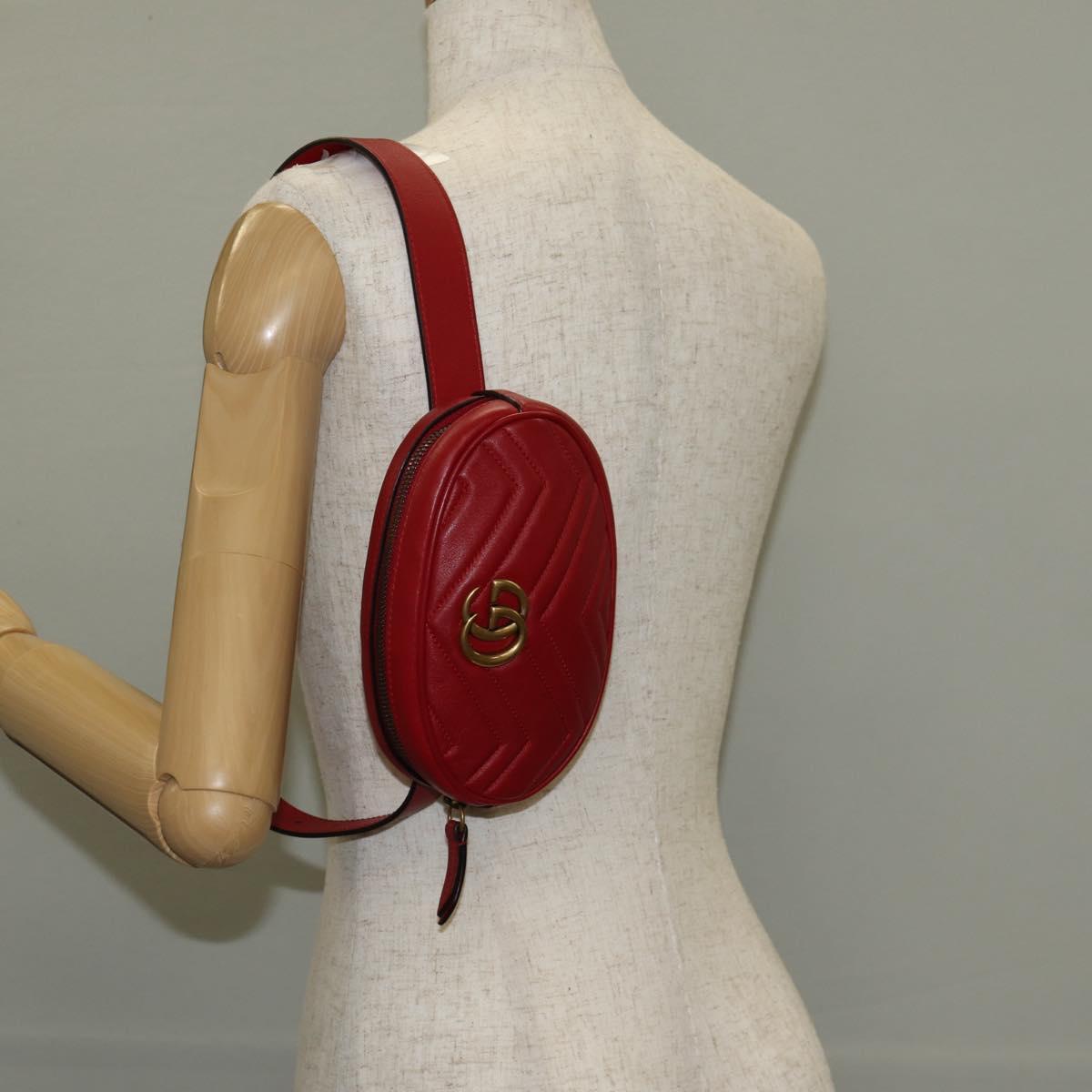 GUCCI GG Marmont Waist Bag Leather Red Gold 476434 Auth 146076V