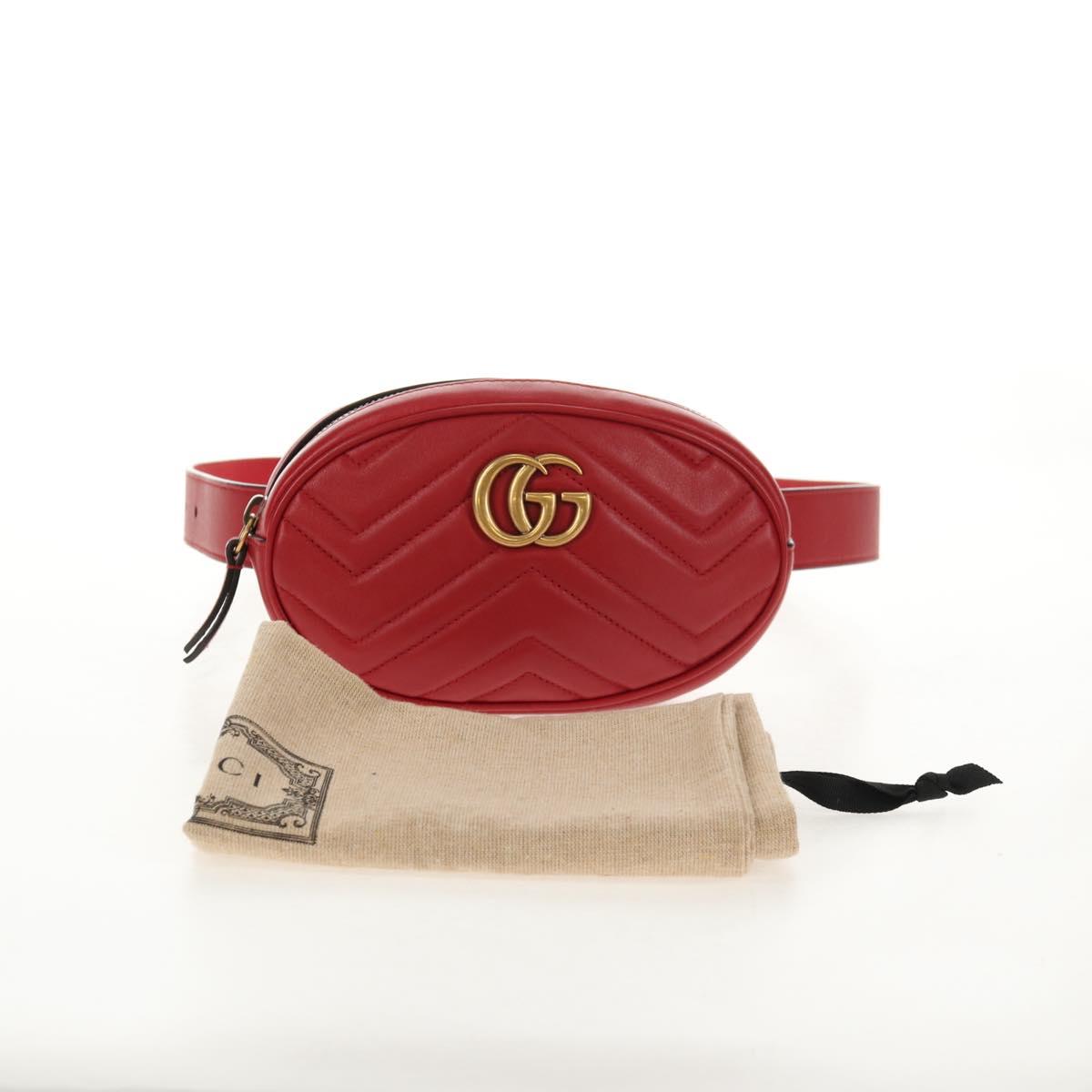GUCCI GG Marmont Waist Bag Leather Red Gold 476434 Auth 146076V