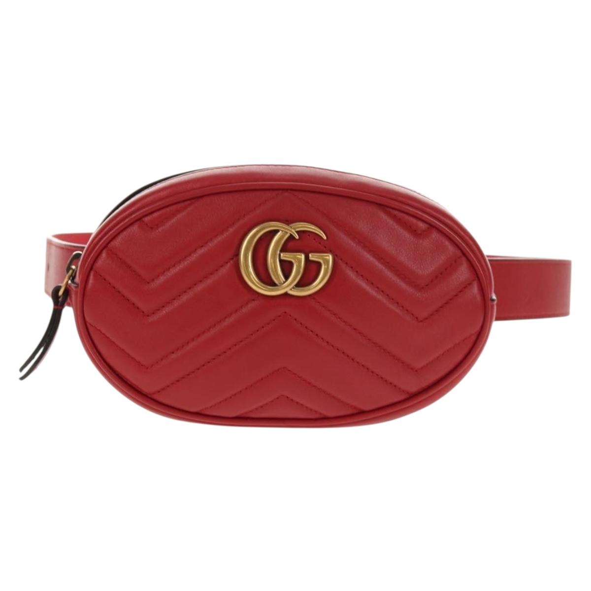 GUCCI GG Marmont Waist Bag Leather Red Gold 476434 Auth 146076V