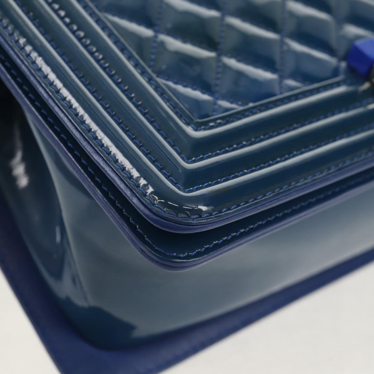 CHANEL Chain Boy Chanel Shoulder Bag Patent Blue Silver CC Auth 146082SAM