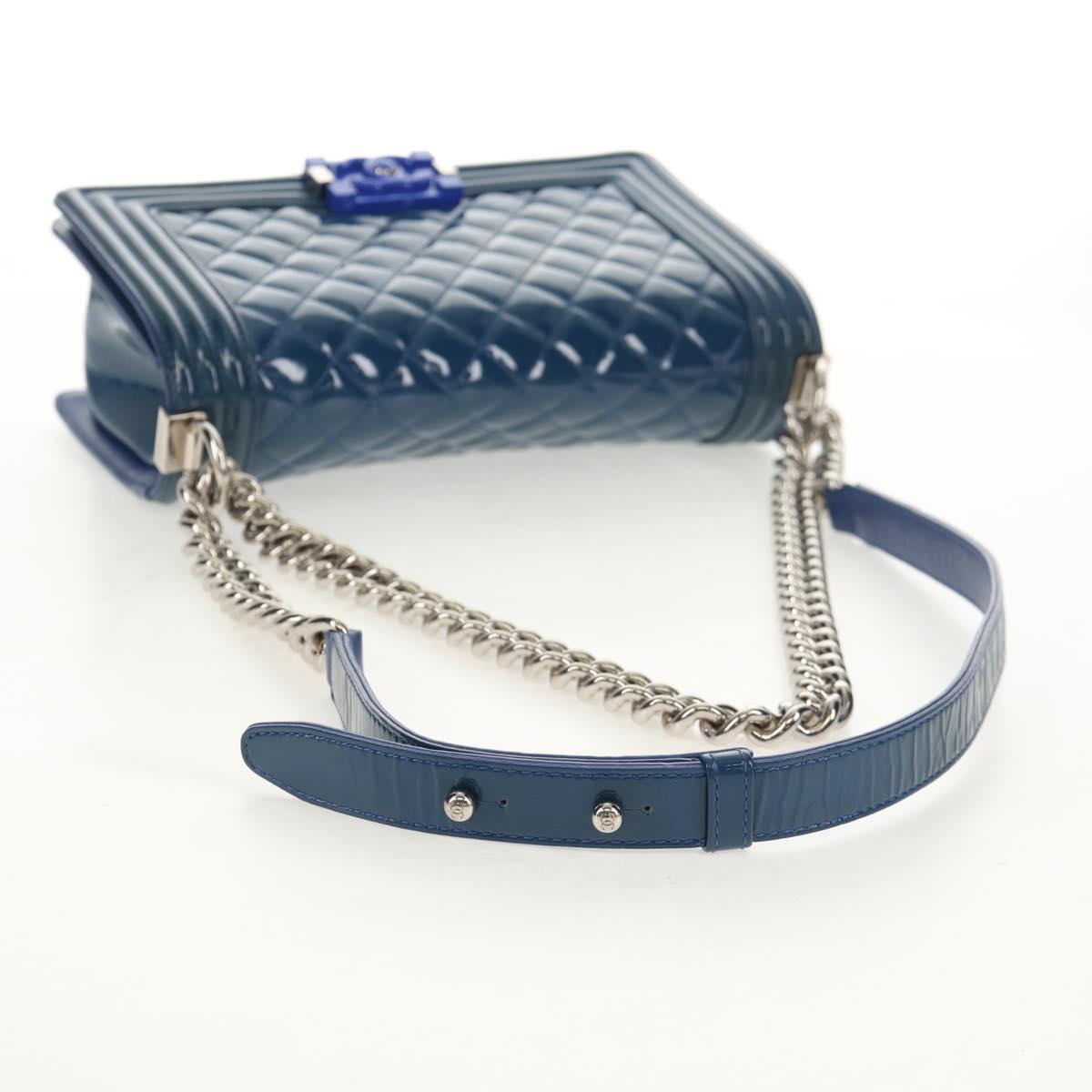 CHANEL Chain Boy Chanel Shoulder Bag Patent Blue Silver CC Auth 146082SAM