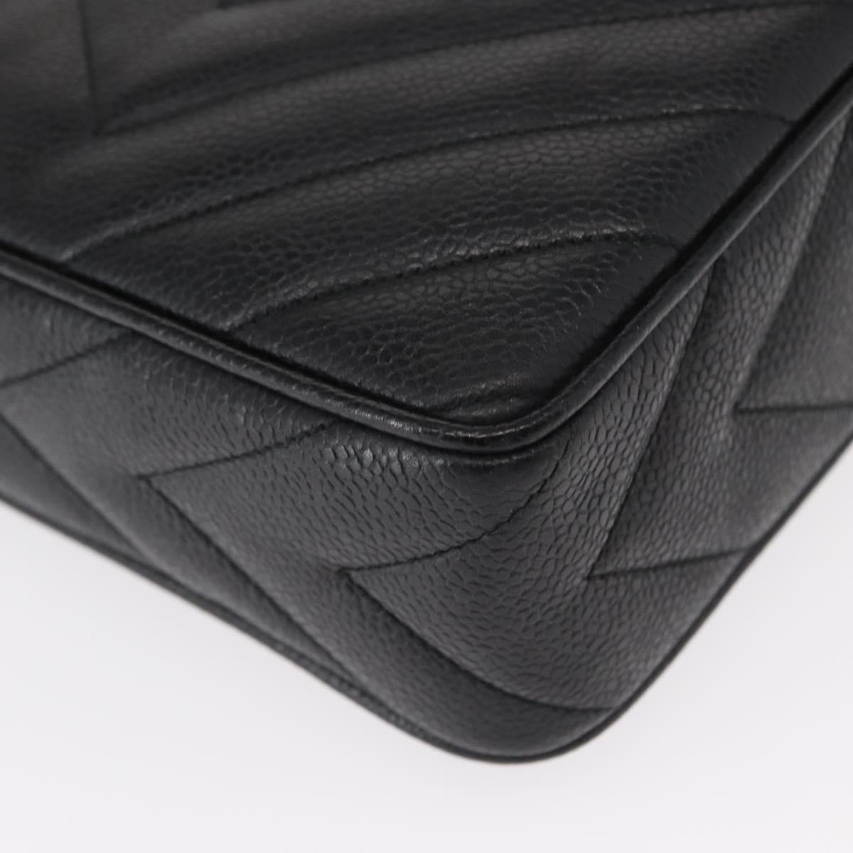 CHANEL Chain V Stitch Shoulder Bag Caviar Skin Black Gold CC Auth 146083AV