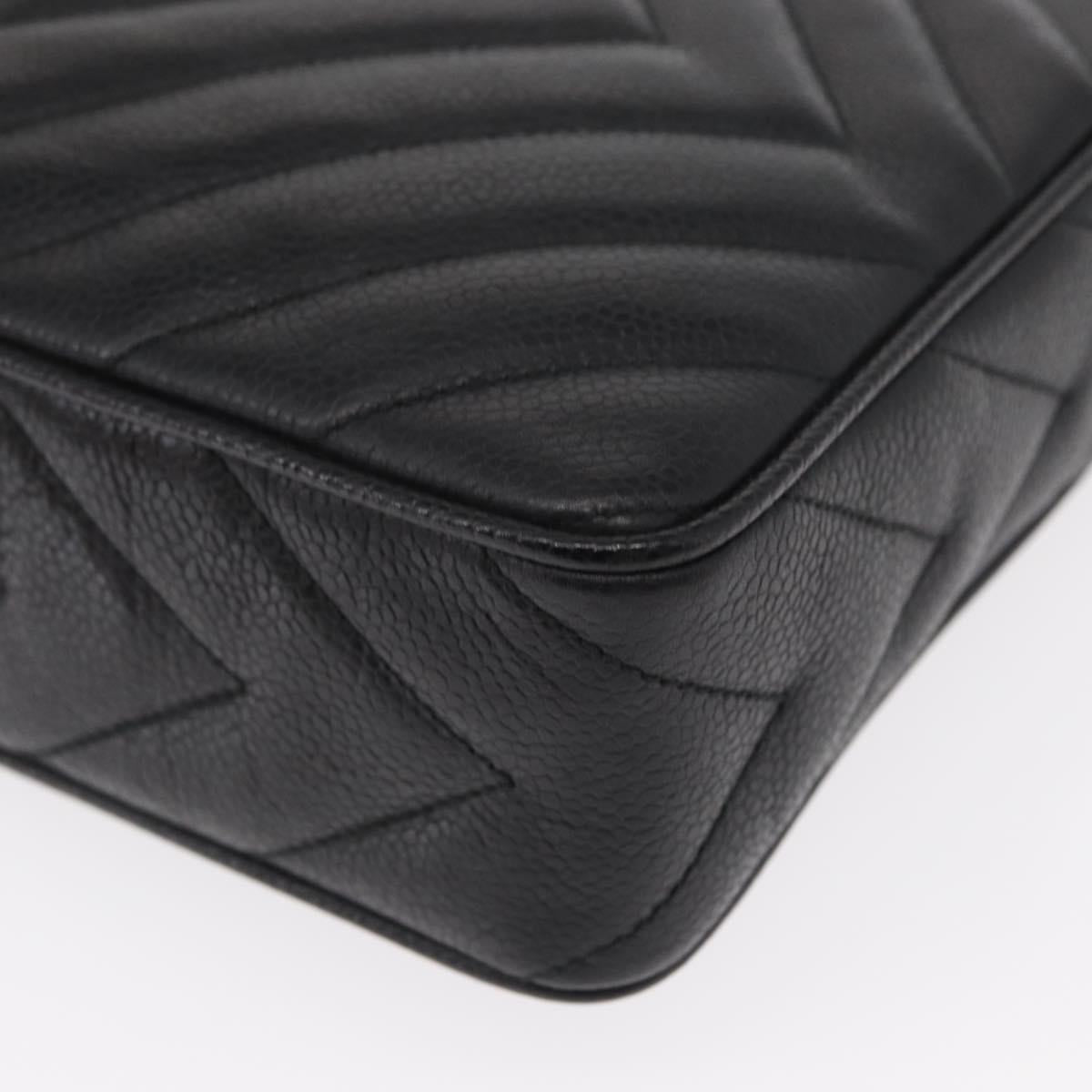 CHANEL Chain V Stitch Shoulder Bag Caviar Skin Black Gold CC Auth 146083AV