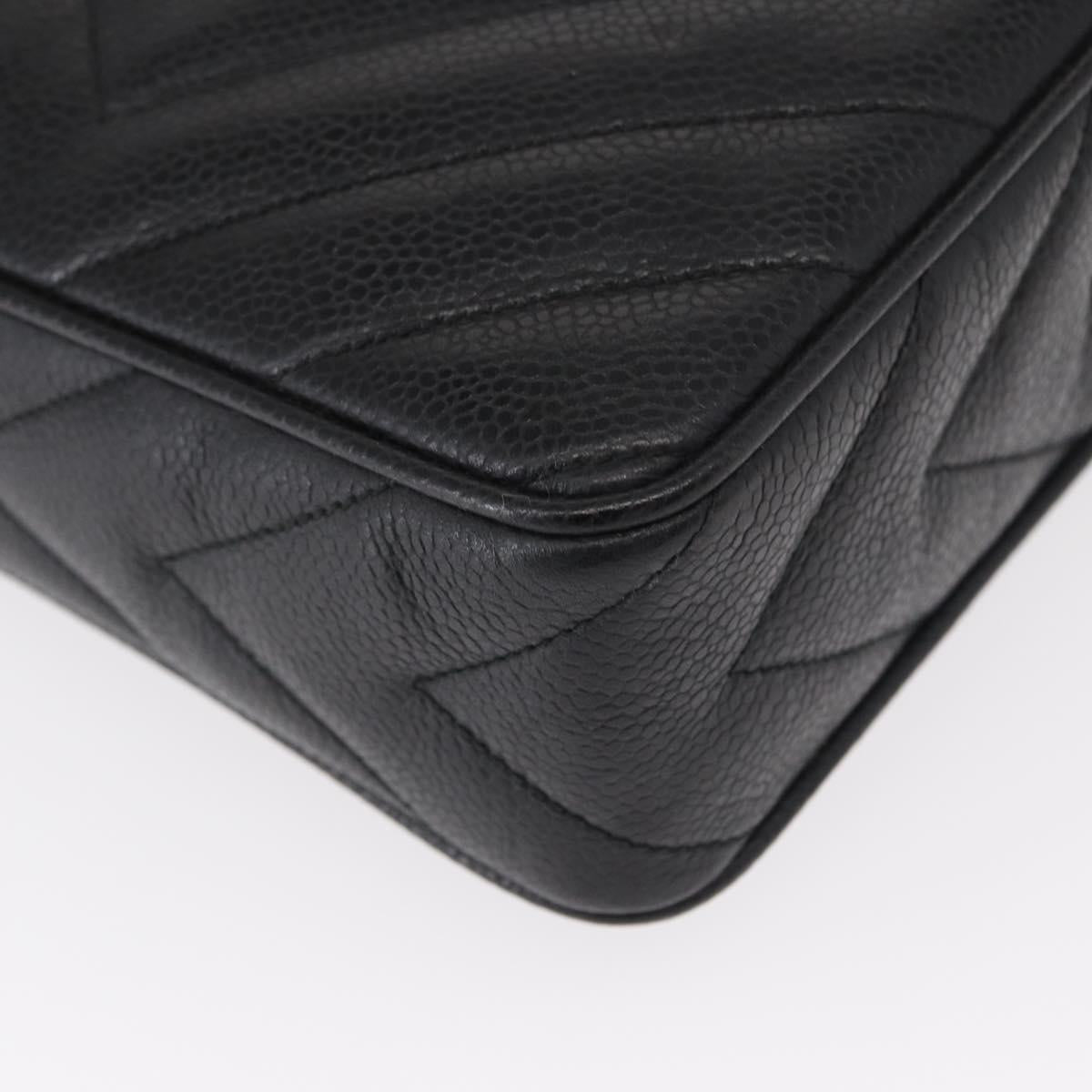 CHANEL Chain V Stitch Shoulder Bag Caviar Skin Black Gold CC Auth 146083AV