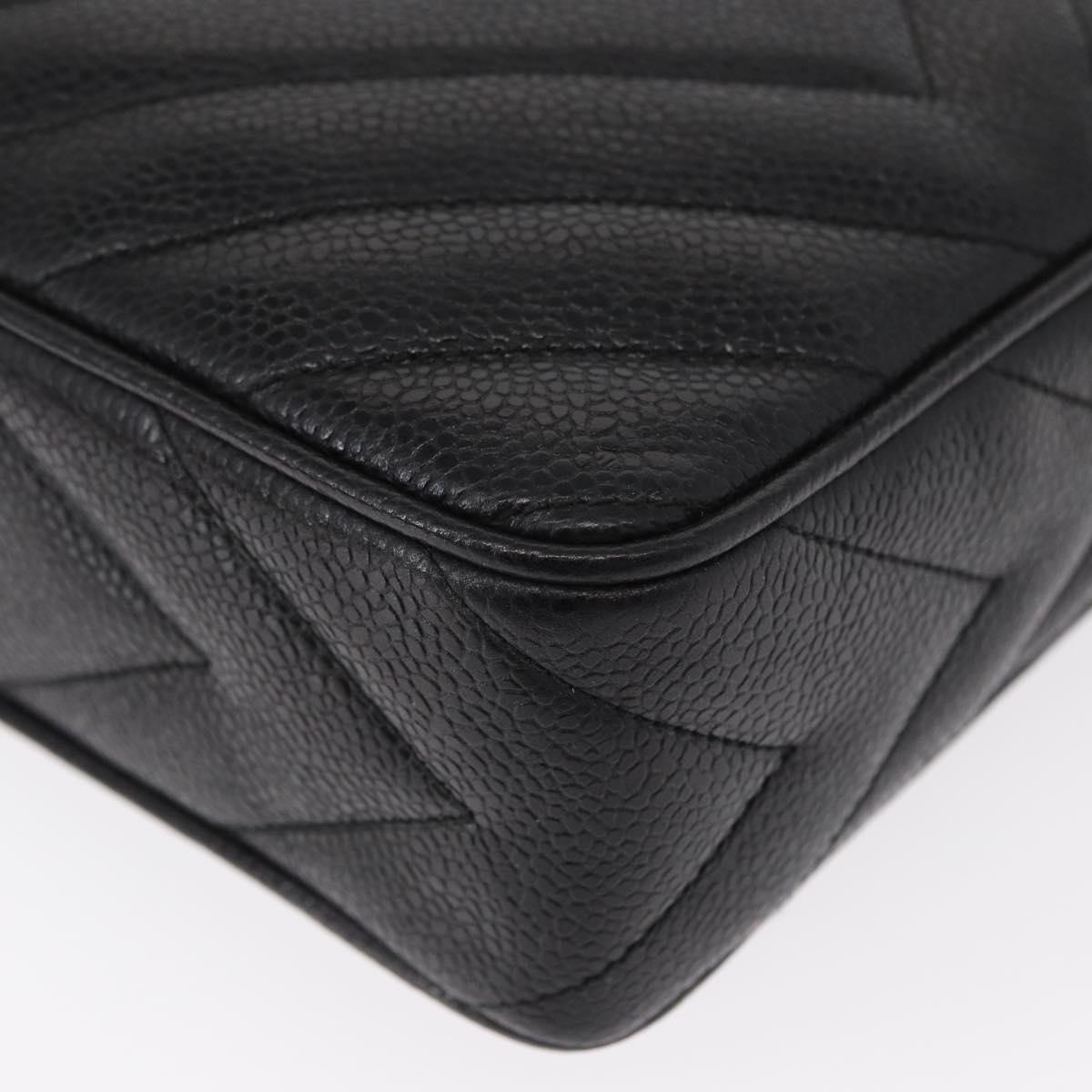 CHANEL Chain V Stitch Shoulder Bag Caviar Skin Black Gold CC Auth 146083AV