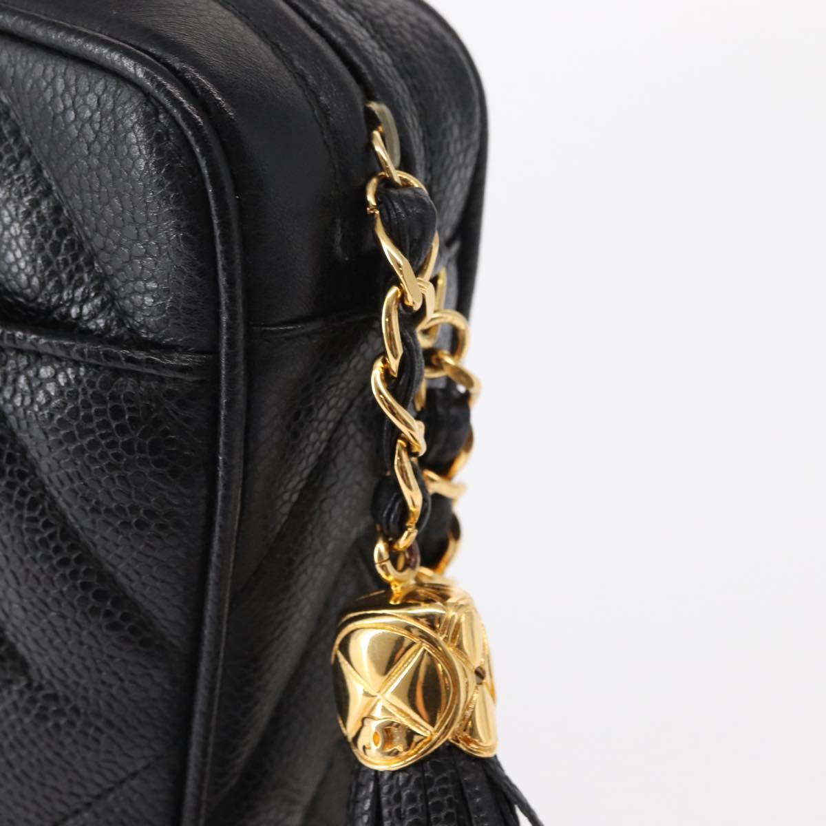 CHANEL Chain V Stitch Shoulder Bag Caviar Skin Black Gold CC Auth 146083AV