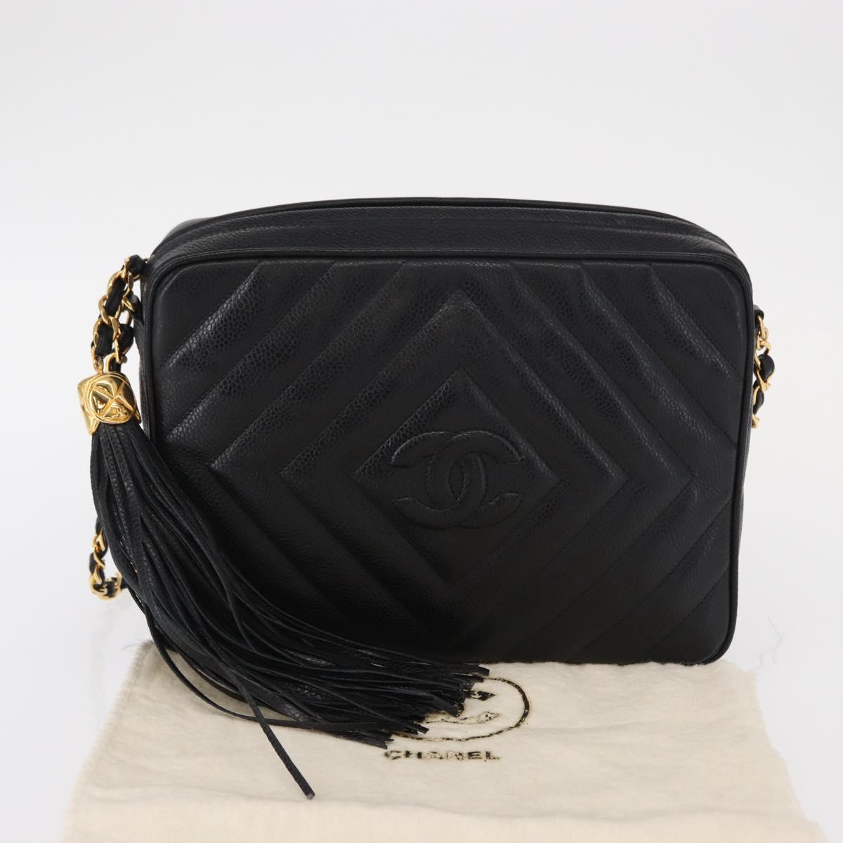 CHANEL Chain V Stitch Shoulder Bag Caviar Skin Black Gold CC Auth 146083AV