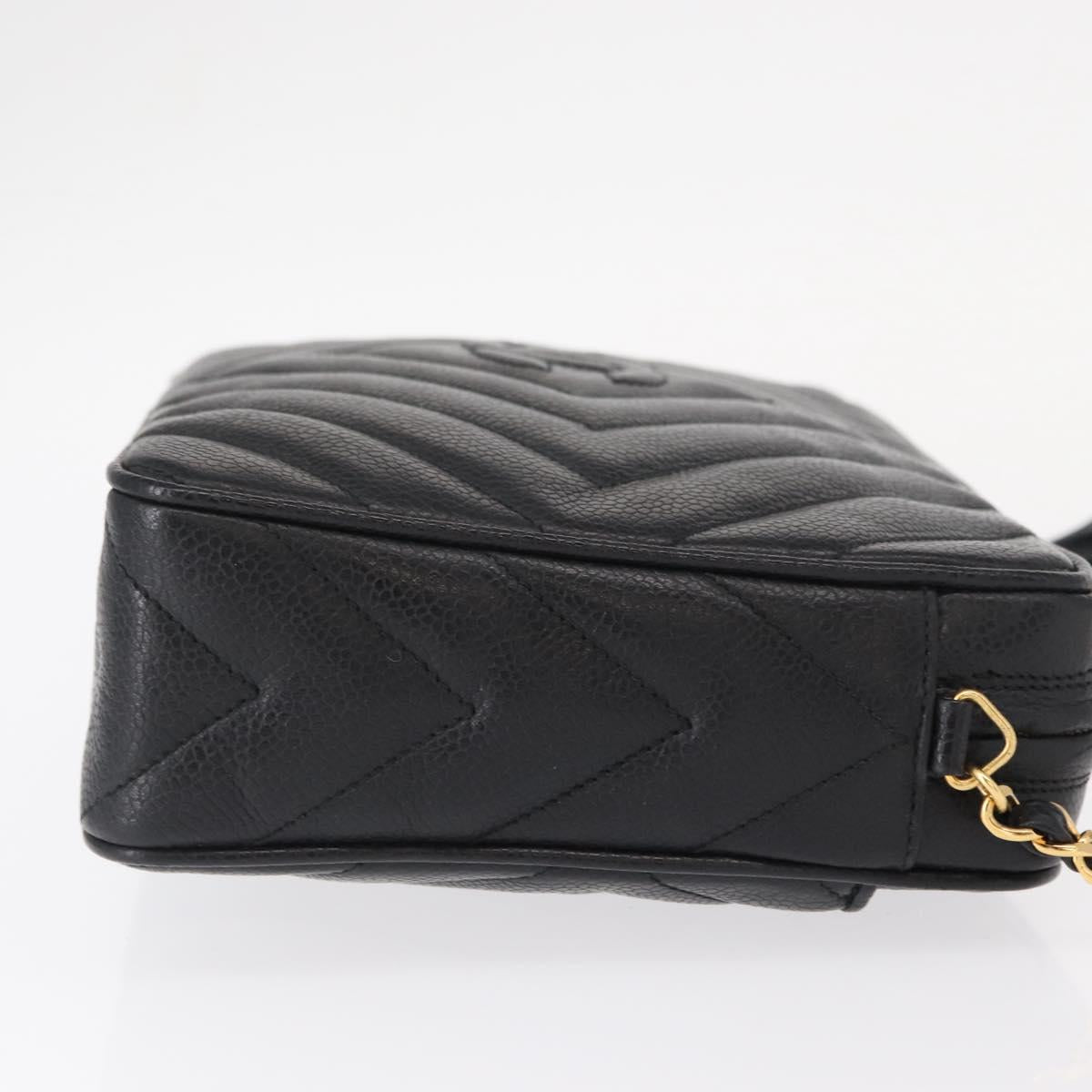 CHANEL Chain V Stitch Shoulder Bag Caviar Skin Black Gold CC Auth 146083AV