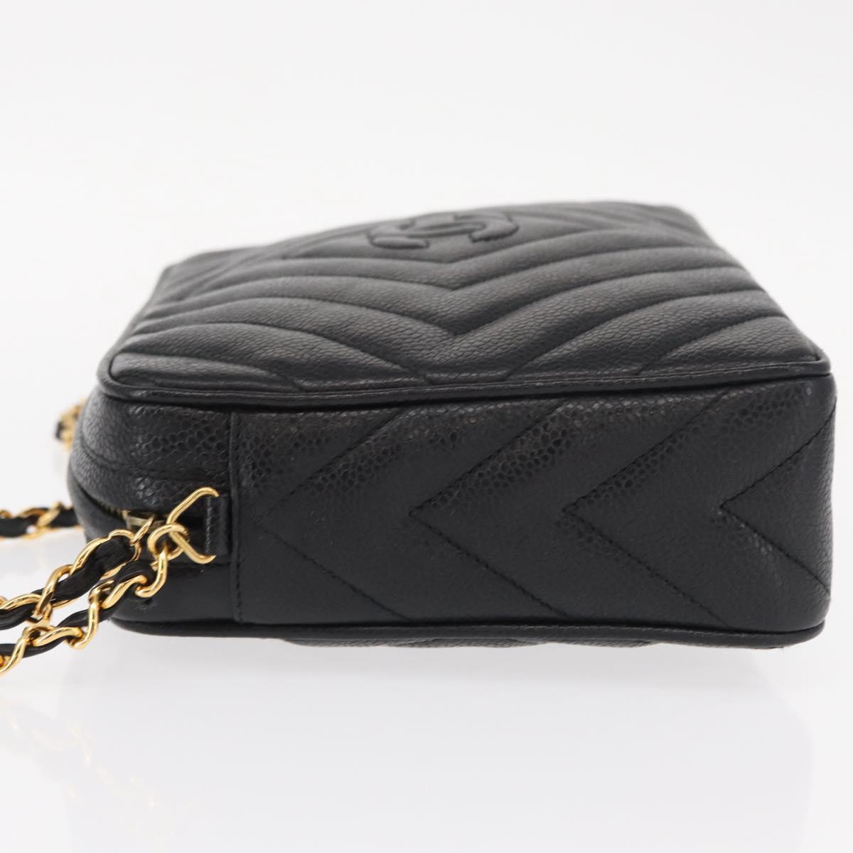 CHANEL Chain V Stitch Shoulder Bag Caviar Skin Black Gold CC Auth 146083AV