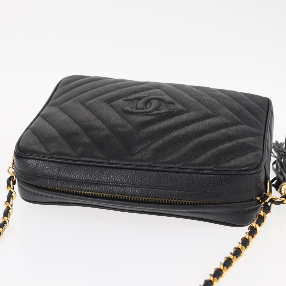 CHANEL Chain V Stitch Shoulder Bag Caviar Skin Black Gold CC Auth 146083AV