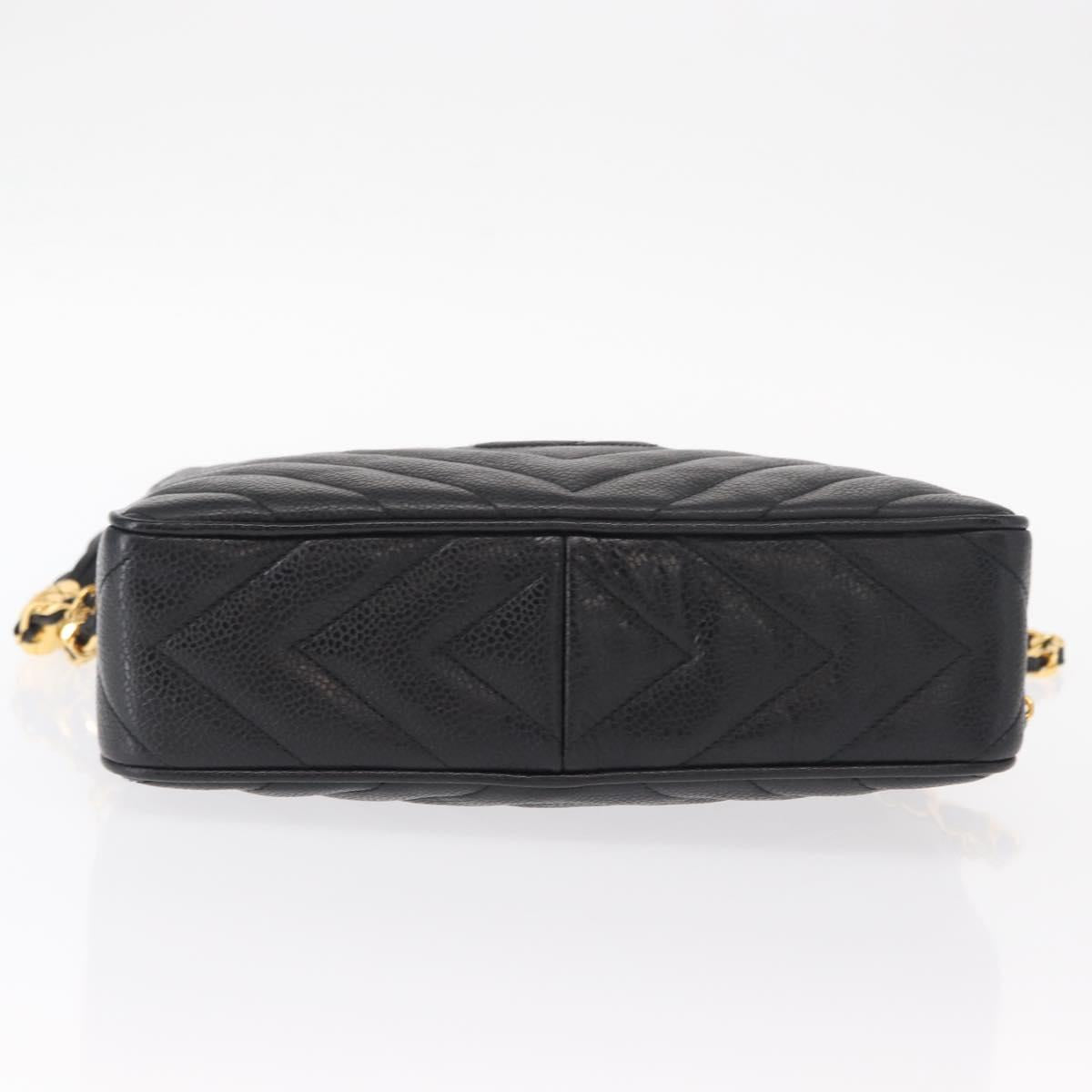 CHANEL Chain V Stitch Shoulder Bag Caviar Skin Black Gold CC Auth 146083AV