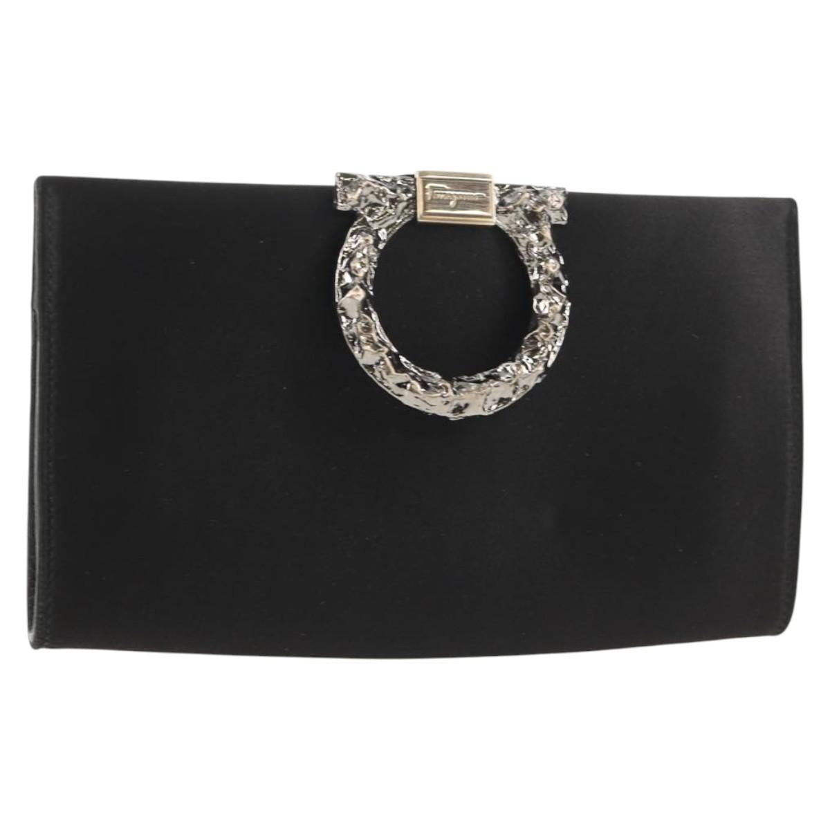 Salvatore Ferragamo Gancini Clutch Bag Satin Black Silver Auth 146102V