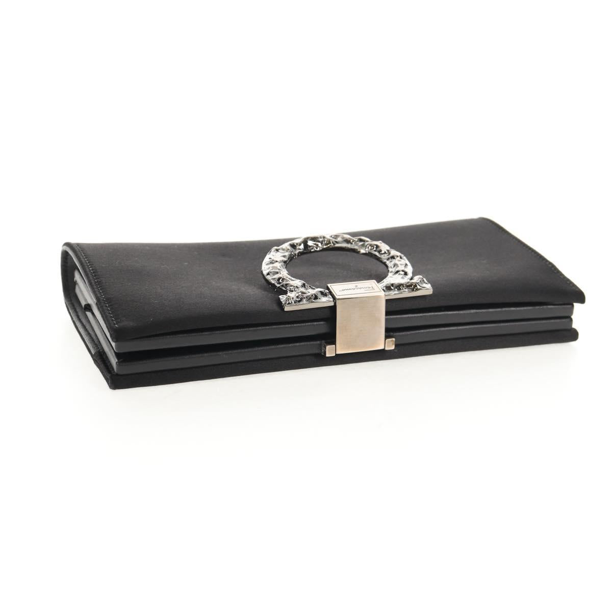 Salvatore Ferragamo Gancini Clutch Bag Satin Black Silver Auth 146102V