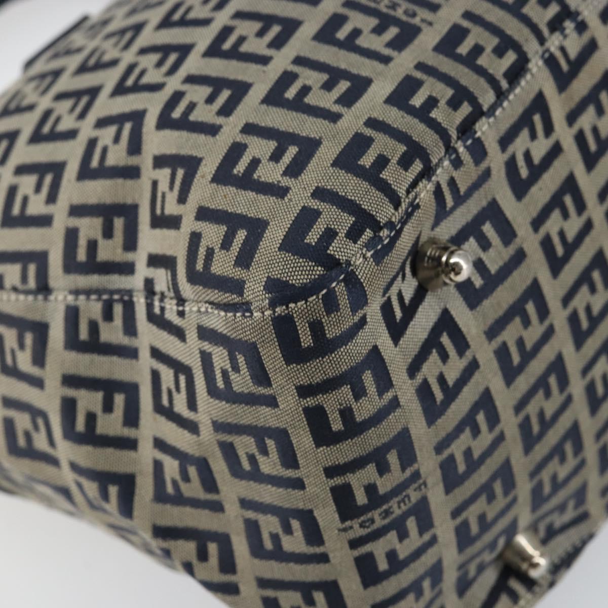 FENDI Zucchino Canvas Hand Bag Navy Silver Auth 146104