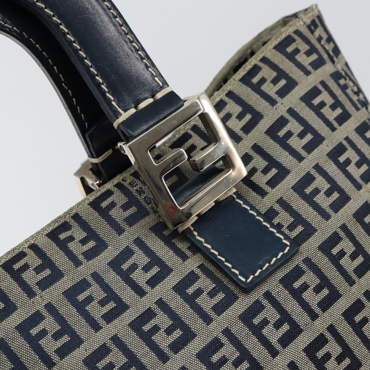 FENDI Zucchino Canvas Hand Bag Navy Silver Auth 146104
