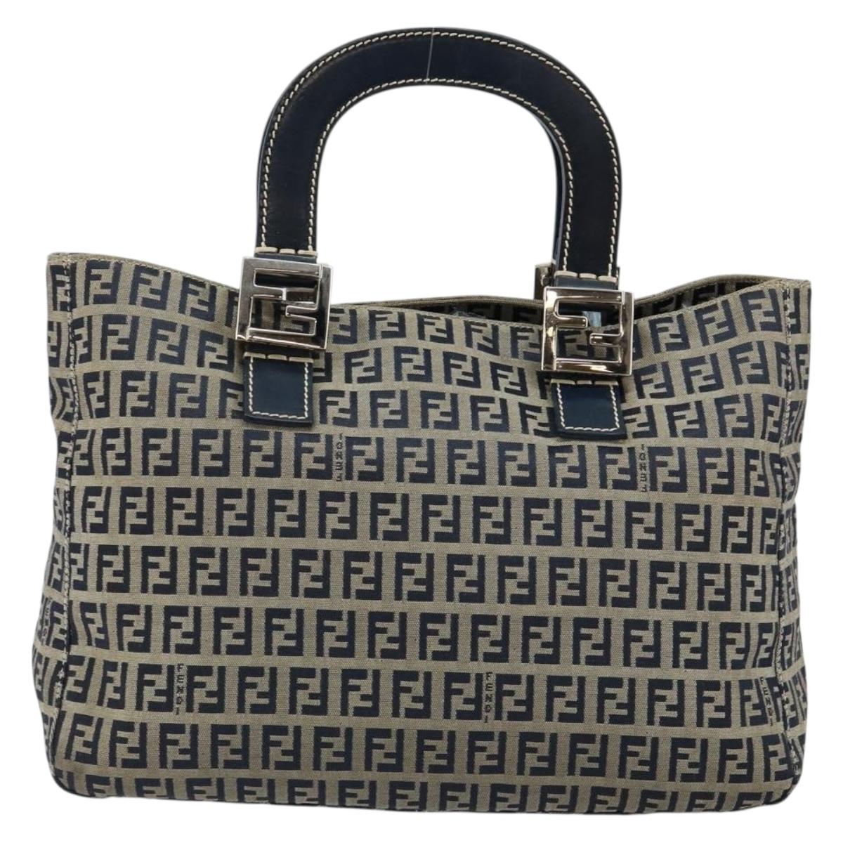 FENDI Zucchino Canvas Hand Bag Navy Silver Auth 146104