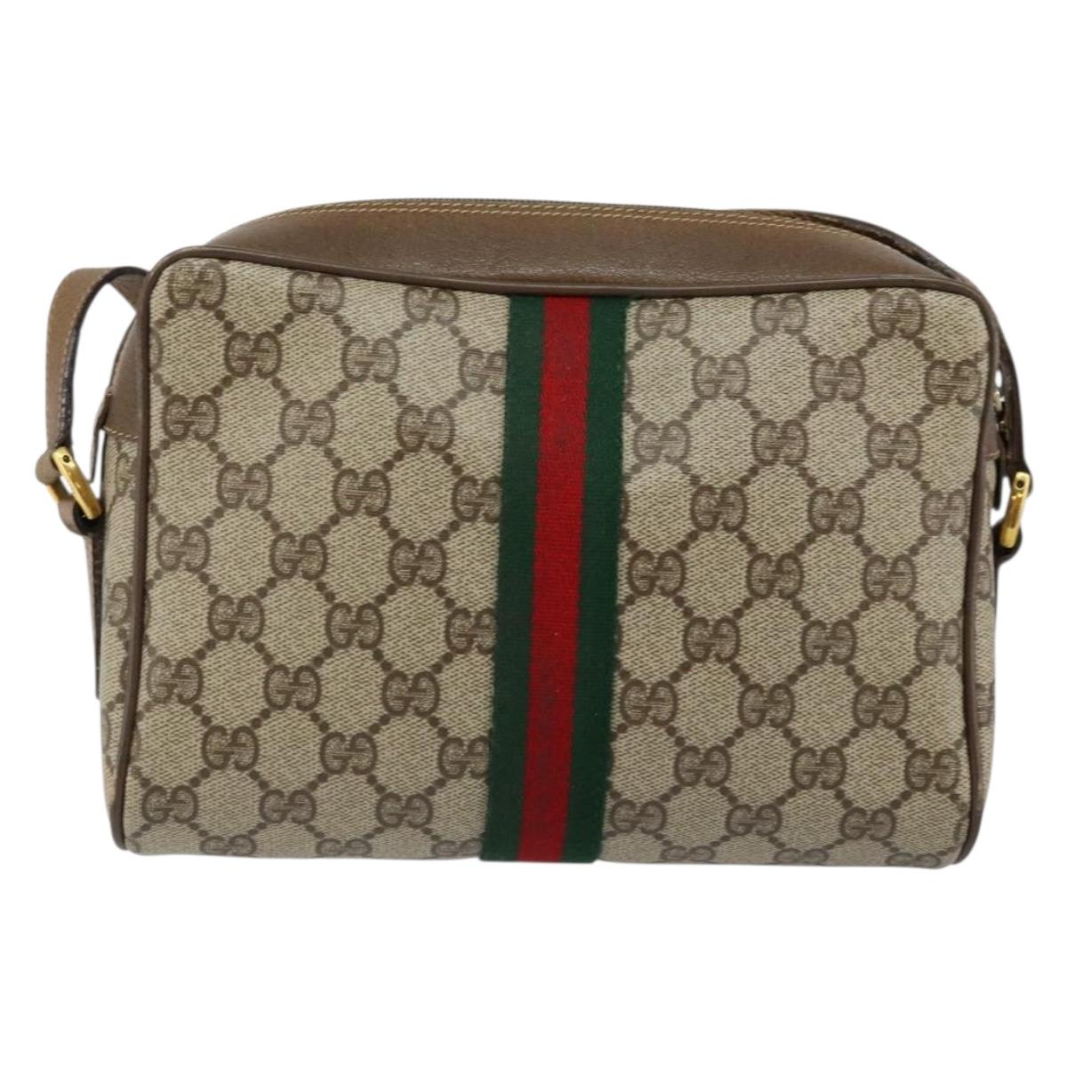 GUCCI GG Canvas Web Sherry Line Shoulder Bag PVC Leather Beige Red Auth 146142