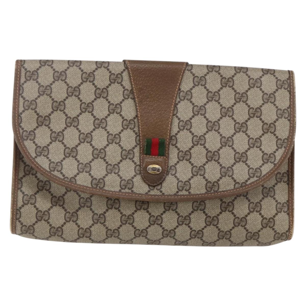 GUCCI GG Supreme Web Sherry Line Clutch Bag PVC Leather Beige Red Auth 146147