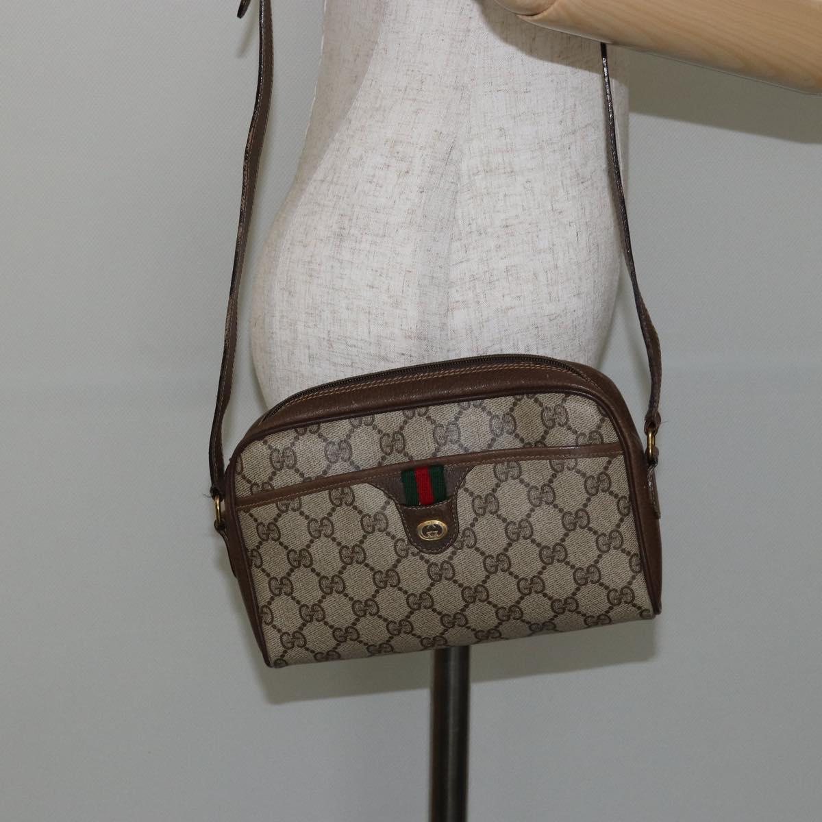 GUCCI GG Canvas Web Sherry Line Shoulder Bag PVC Leather Beige Red Auth 146150