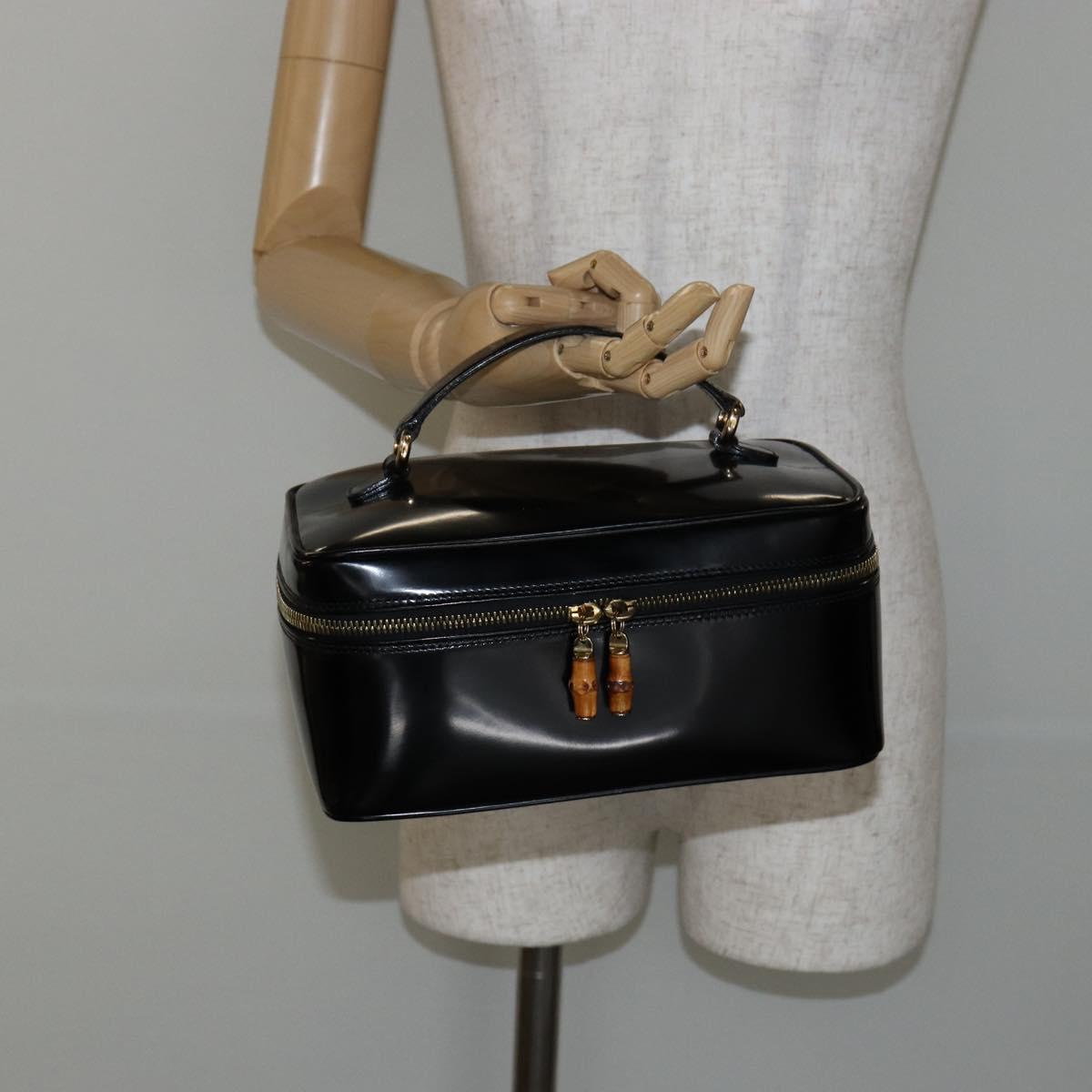GUCCI Bamboo vanity Hand Bag Patent leather Black Auth 146152