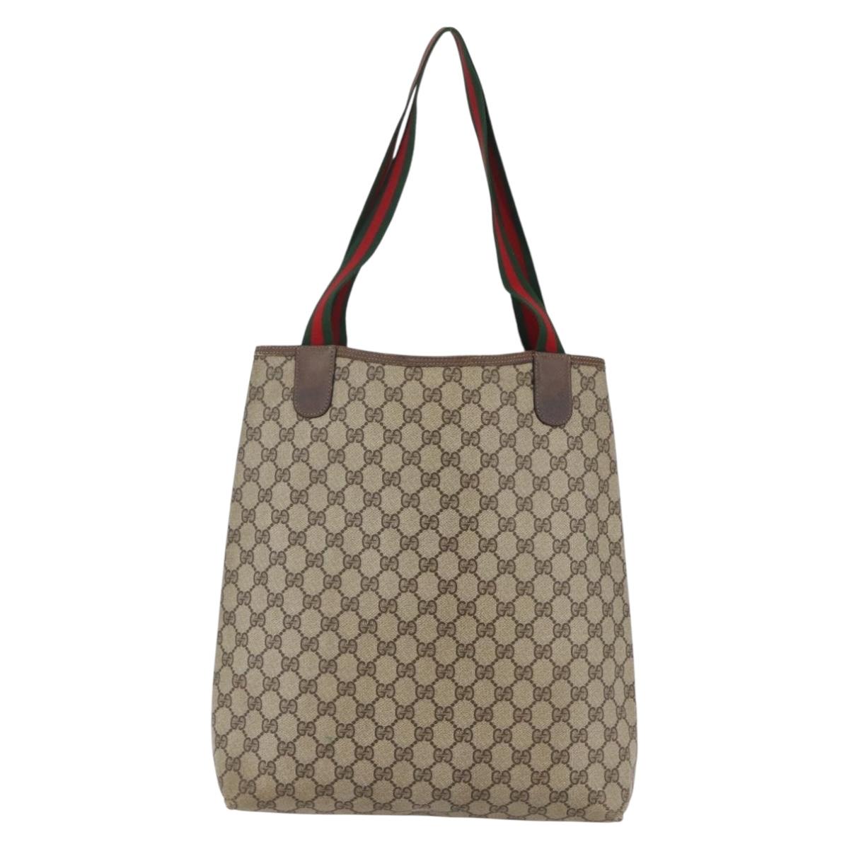 GUCCI GG Supreme Web Sherry Line Tote Bag PVC Leather Beige Red Auth 146158
