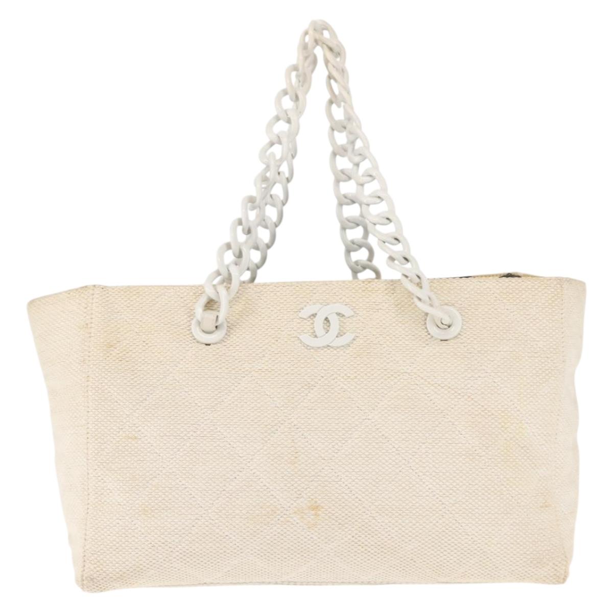 CHANEL Matelasse Tote Bag Straw White Gold CC Auth 146247