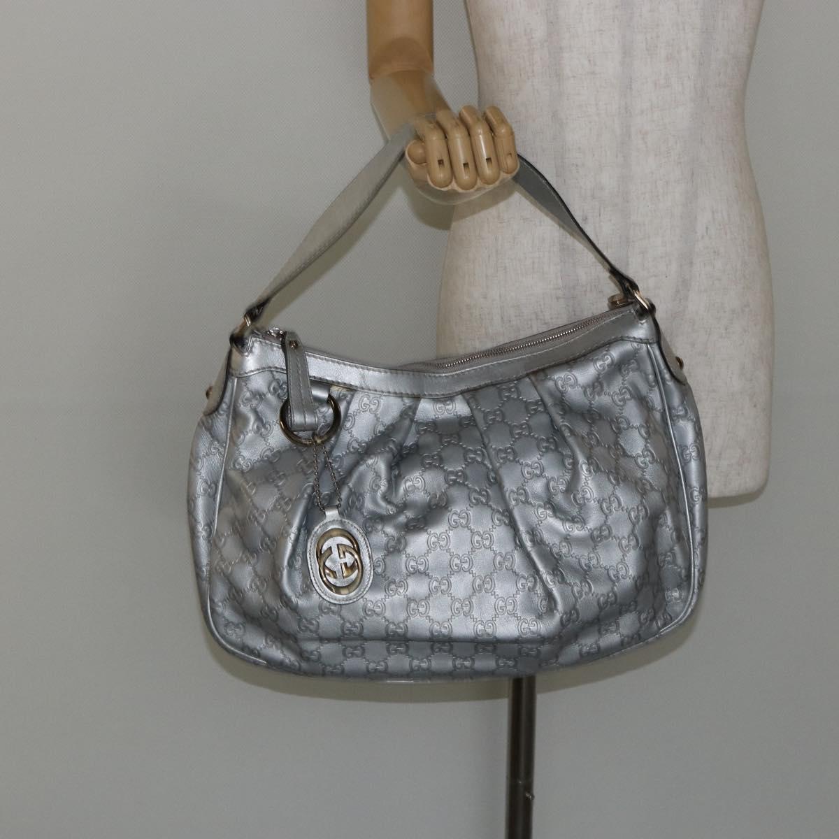 GUCCI Guccissima GG Canvas Shoulder Bag Leather Silver 232955 Auth 146274