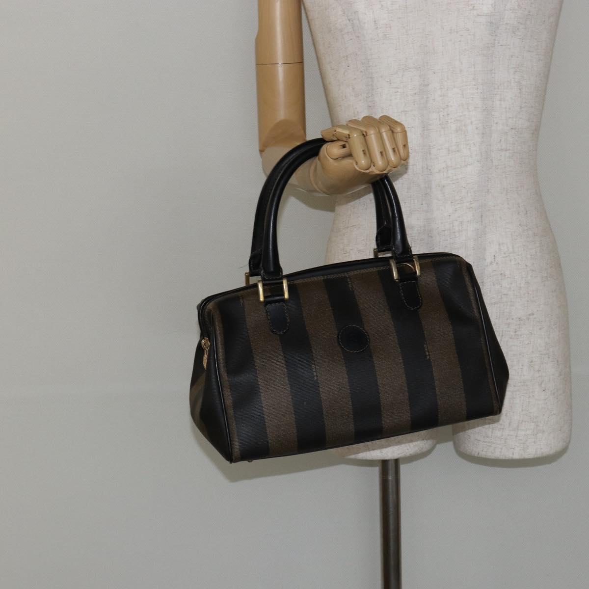 FENDI Pecan Canvas Hand Bag PVC Black Brown Auth 146279